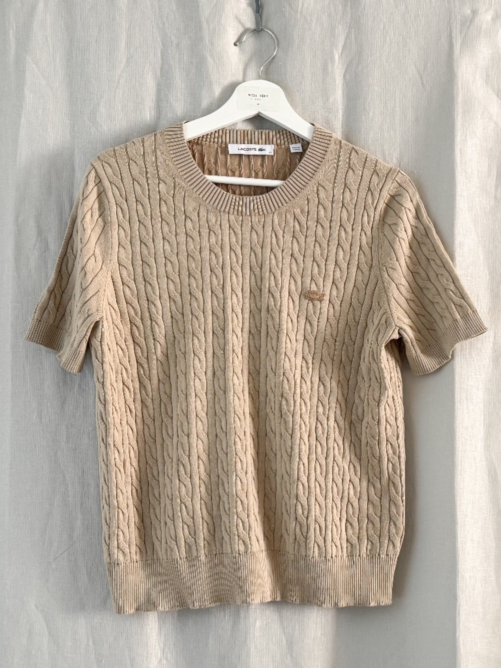 Lacoste Women’s Cable Knit Short Sleeve Sweater Camel Beige Size 44